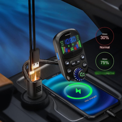 Multifunkční FM vysílač do auta — Hudba & Hlasový asistent