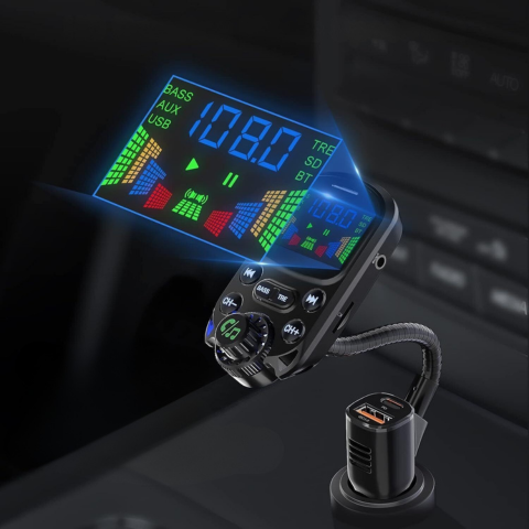 Multifunkční FM vysílač do auta — Hudba & Hlasový asistent 