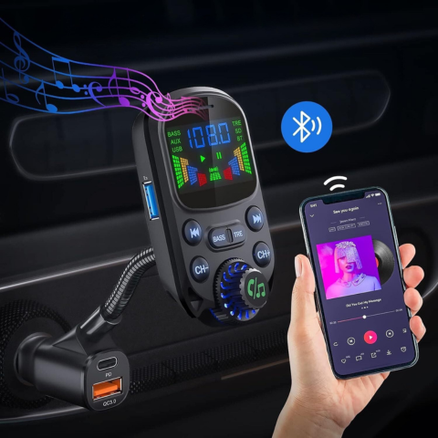 Multifunkční FM vysílač do auta — Hudba & Hlasový asistent 